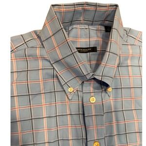 Burberry London Mens L Blue Plaid Button Down Shirt Cotton Long Sleeve Check
